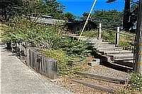 Landscaped garden beds and wooden steps leading through the yard.