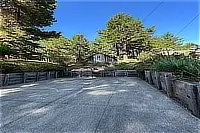 Gravel driveway bordered by landscaped planting beds and trees.