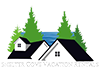 Shelter Cove Vacation Rentals logo. An illustration of white houses with dark-colored roofs nestled among green pine trees, with a blue, triangular background suggesting the ocean.