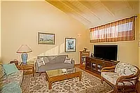 Living room with sofas, wicker furniture, a coffee table, and a television beneath a vaulted ceiling.